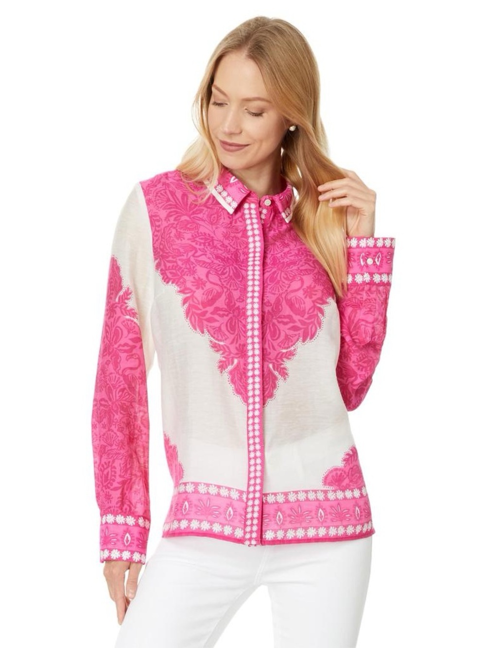 NWT LILLY PULITZER WHITE AND PINK FLORAL LONG SLEEVE BUTTON DOWN BLOUSE